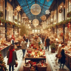 Festive indoor holiday market filled with shoppers, seasonal décor, and displays of wrapped gifts and candles.